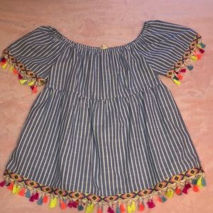 striped tassel off the shoulder top